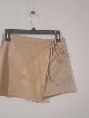 Beige Faux Leather Wrap Mini Skort with Side Ties